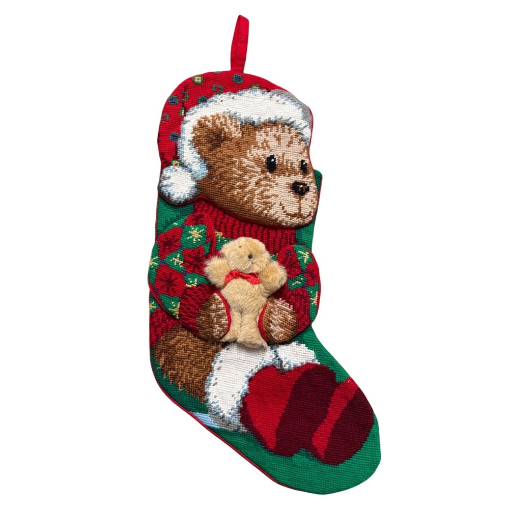 Vintage Needlepoint Christmas Stocking Teddy Bear 3D Plush Accent Red Green 17in